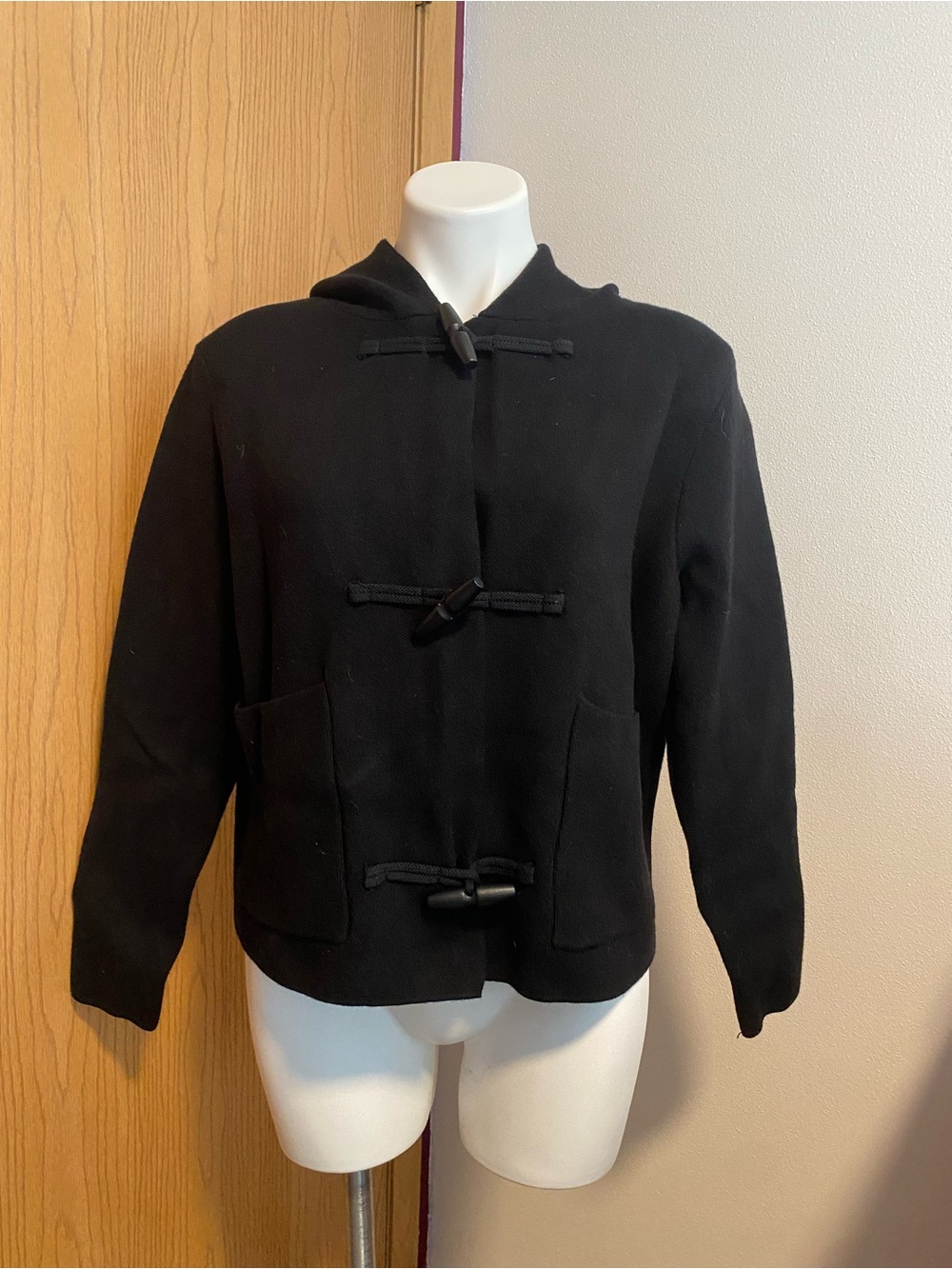 Sioni Black Hooded Pea Coat with Toggle Closures